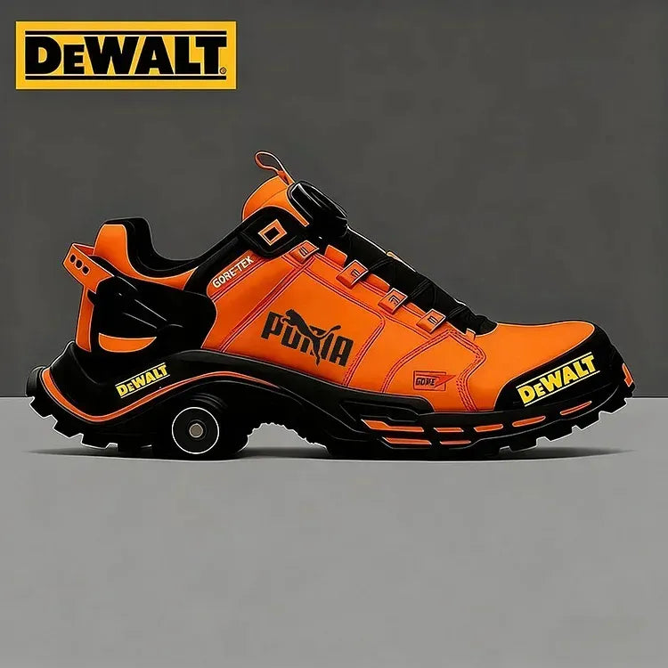 Chaussures de travail et de randonnée pour homme, imperméables et respirantes, signées PUMA et DEWALT, idéales pour le travail et les activités de plein air.