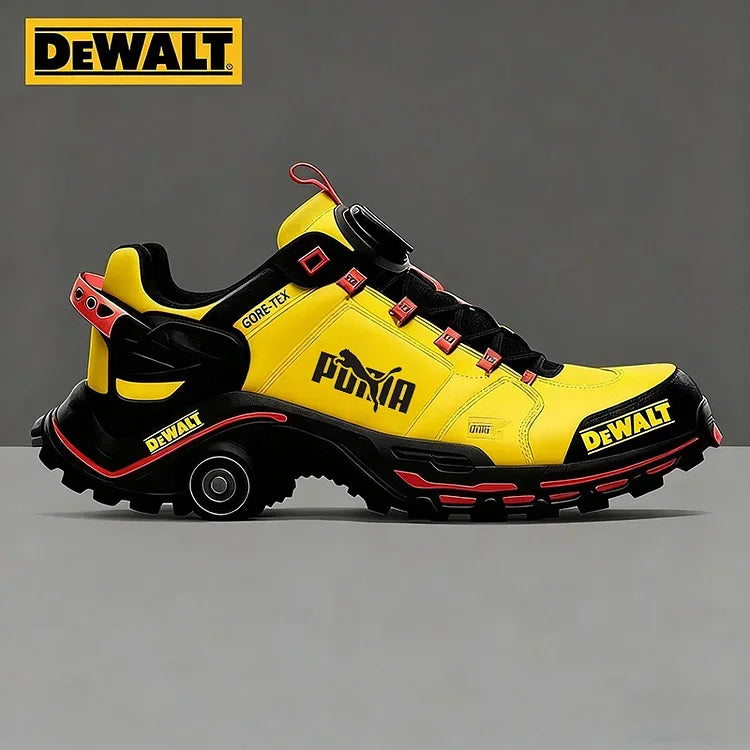 Chaussures de travail et de randonnée pour homme, imperméables et respirantes, signées PUMA et DEWALT, idéales pour le travail et les activités de plein air.
