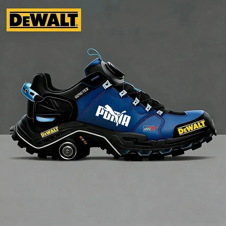 Chaussures de travail et de randonnée pour homme, imperméables et respirantes, signées PUMA et DEWALT, idéales pour le travail et les activités de plein air.