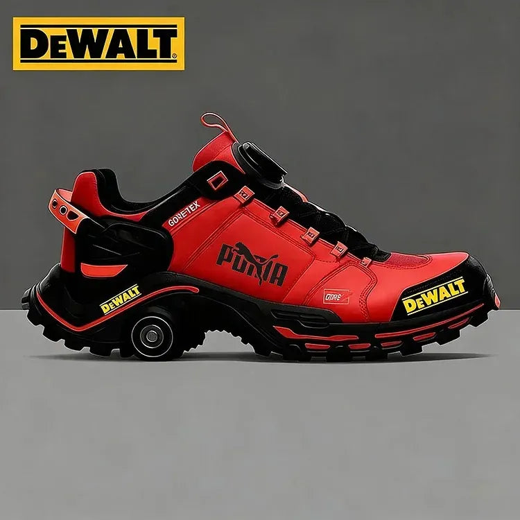 Chaussures de travail et de randonnée pour homme, imperméables et respirantes, signées PUMA et DEWALT, idéales pour le travail et les activités de plein air.
